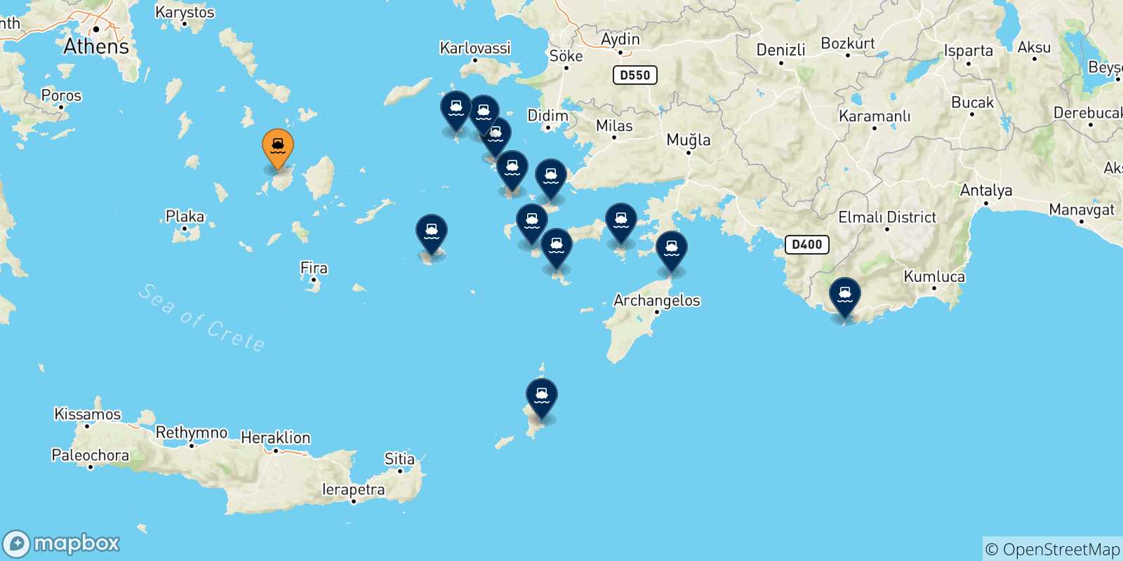 Carte des traversées possibles entre Paros et Îles Du Dodécanèse
