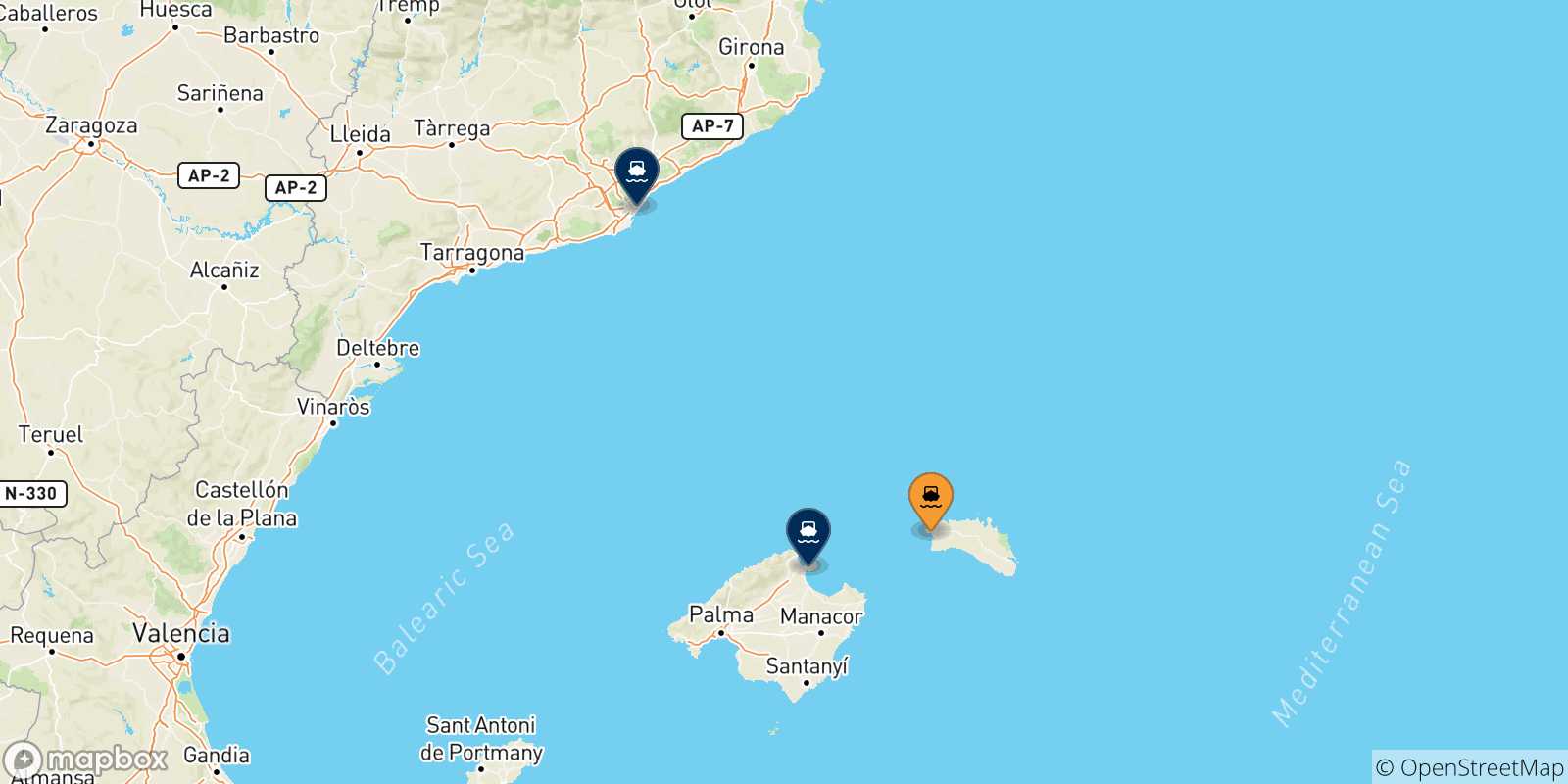 Carte des traversées possibles entre Ciutadella (Minorque) et l'Espagne