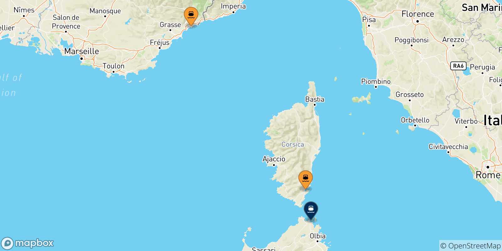 Carte des traversées possibles entre la France et Golfo Aranci