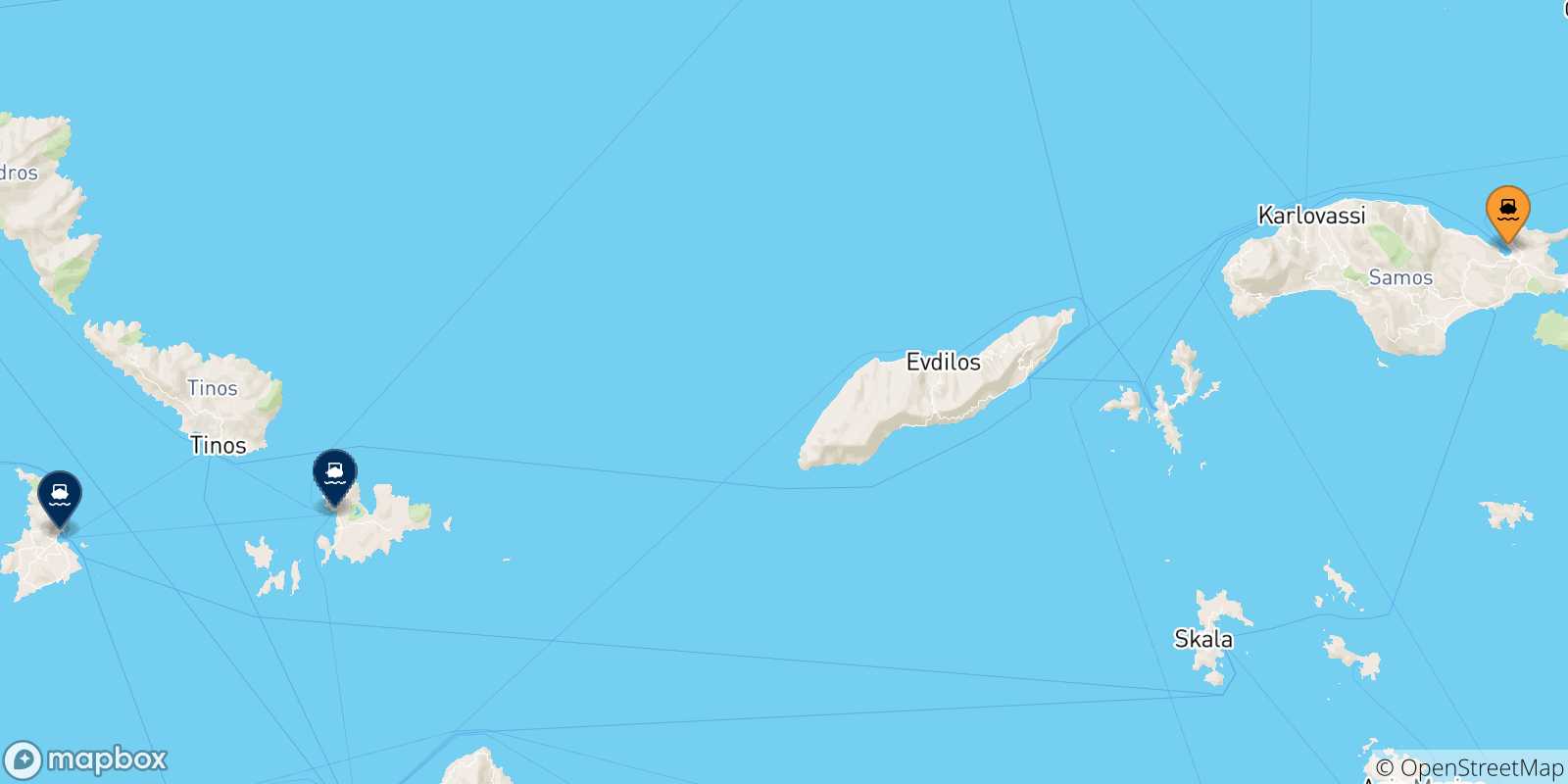 Carte des traversées possibles entre Vathi (Samos) et Îles Des Cyclades