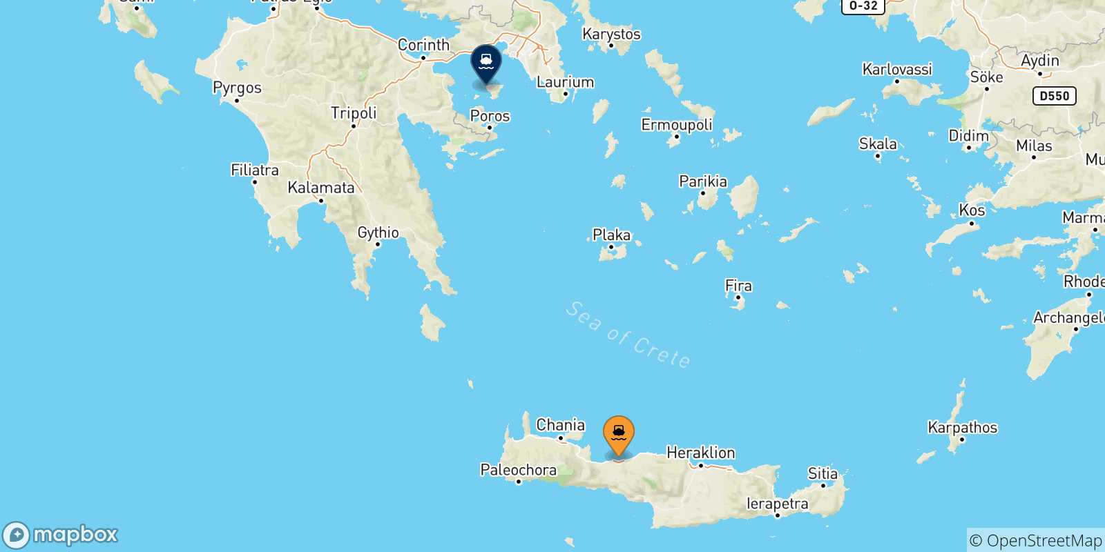 Carte des traversées possibles entre Myli (Agistri) et les Îles Saroniques