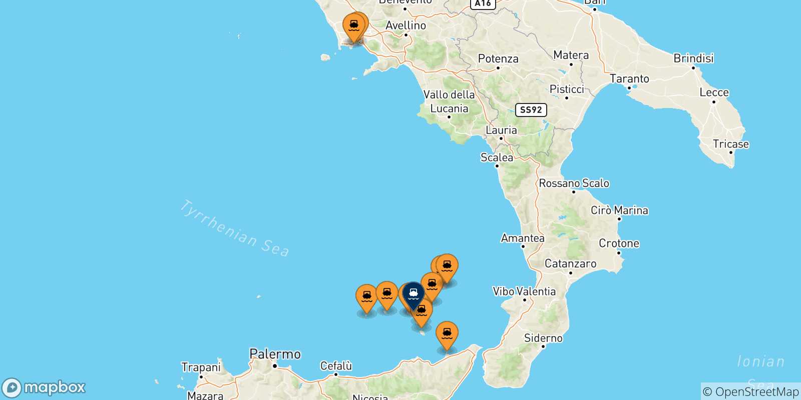Carte des traversées possibles entre l'Italie et Santa Marina (Salina)