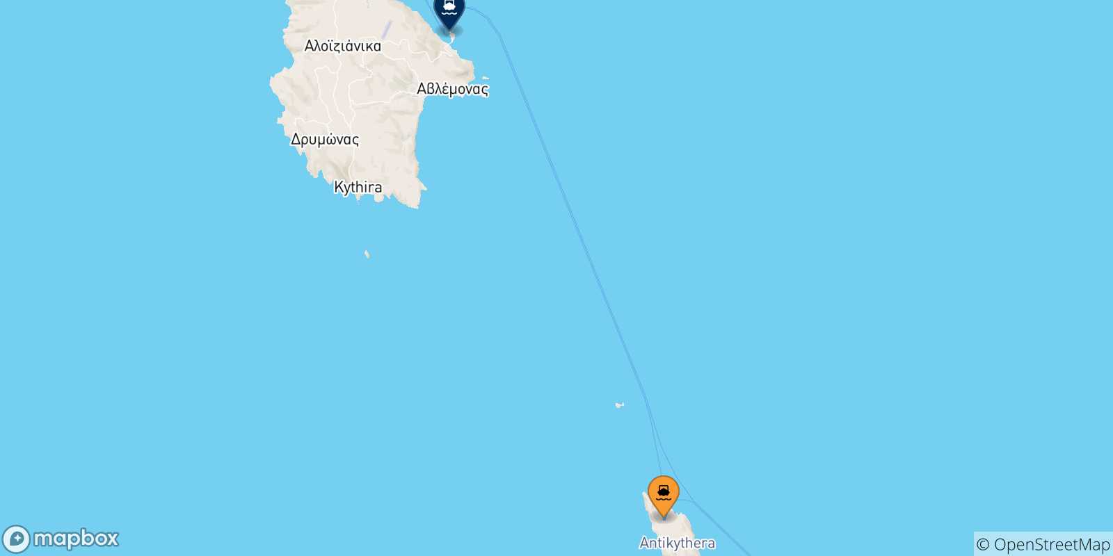 Carte des traversées possibles entre Anticythère et Îles Ioniennes