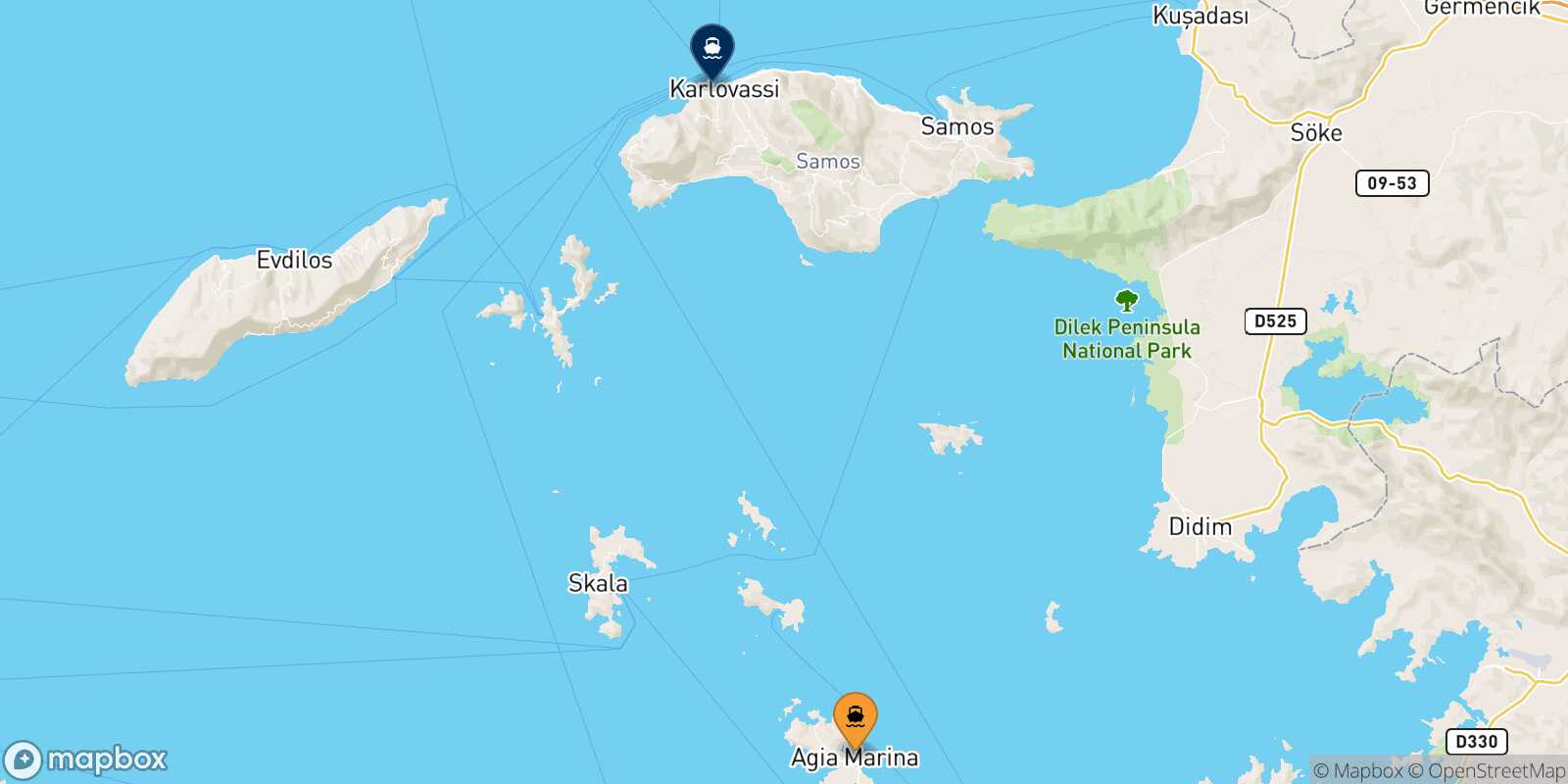Carte des traverséesLeros Karlovassi (Samos)