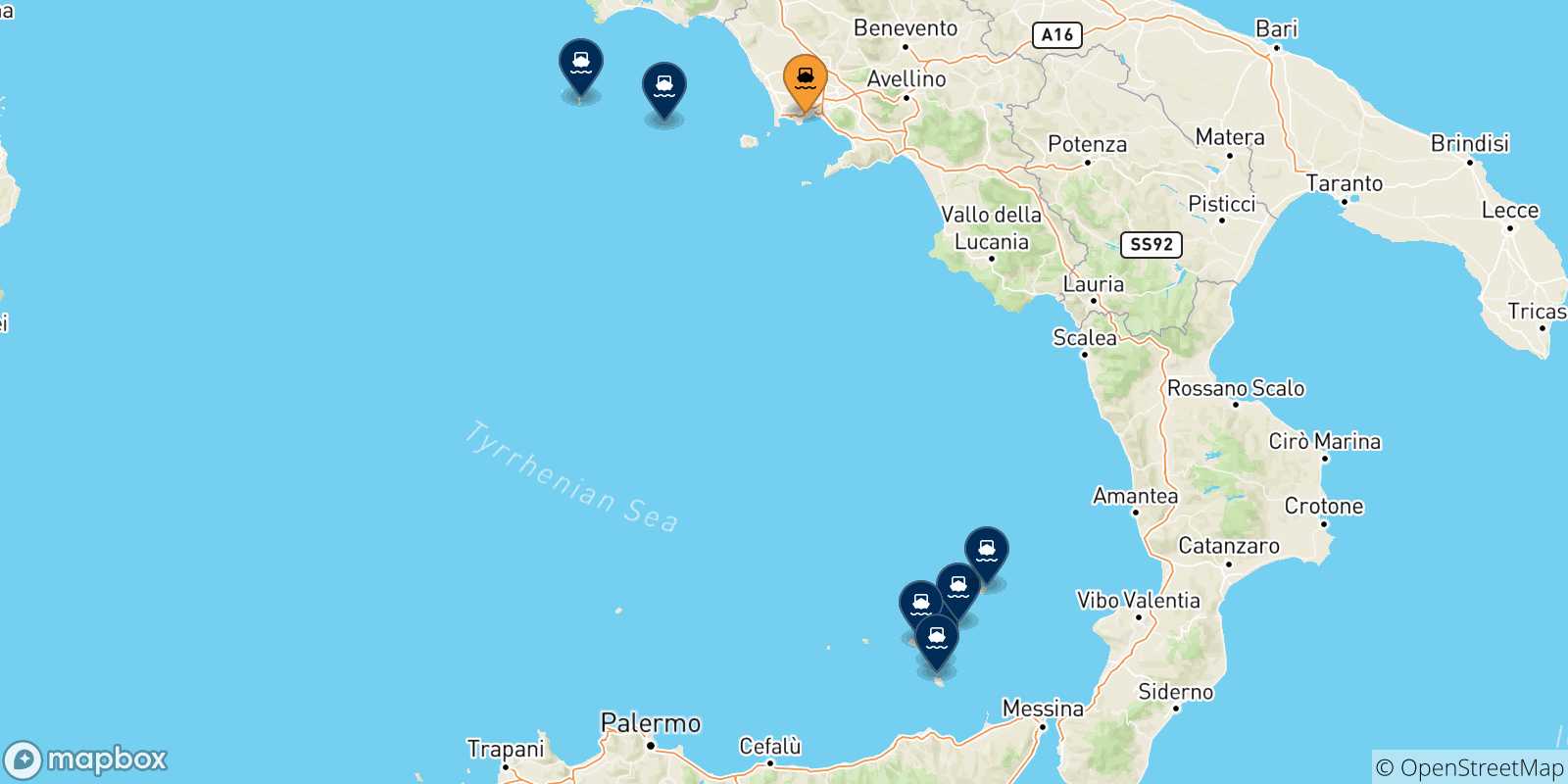 Carte des traversées possibles entre Naples Mergellina et l'Italie