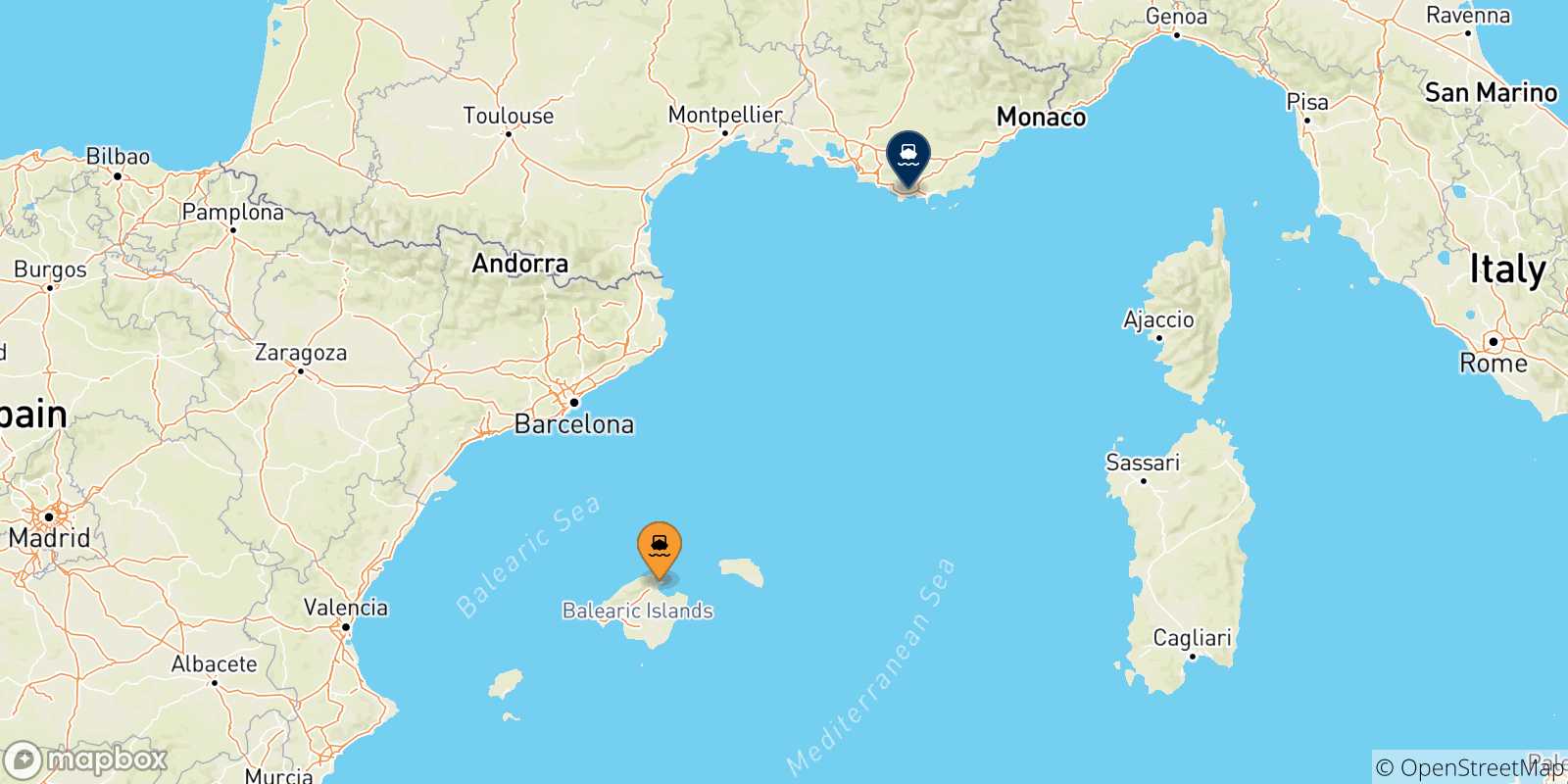 Carte des traversées possibles entre les Îles Baléares et Toulon