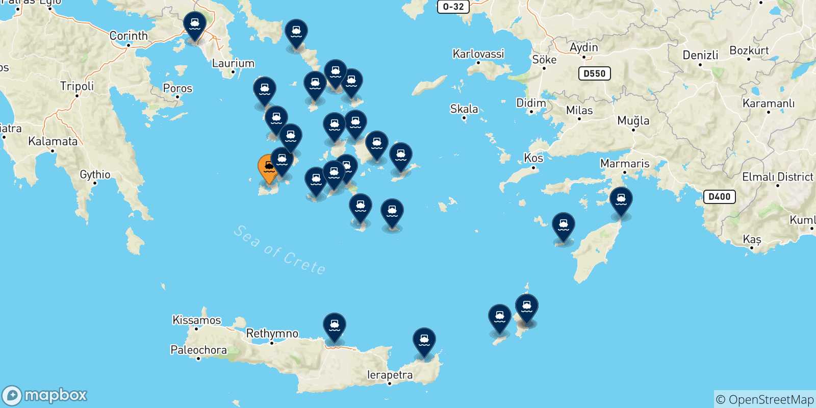 Carte des traversées possibles entre Milos et la Grèce