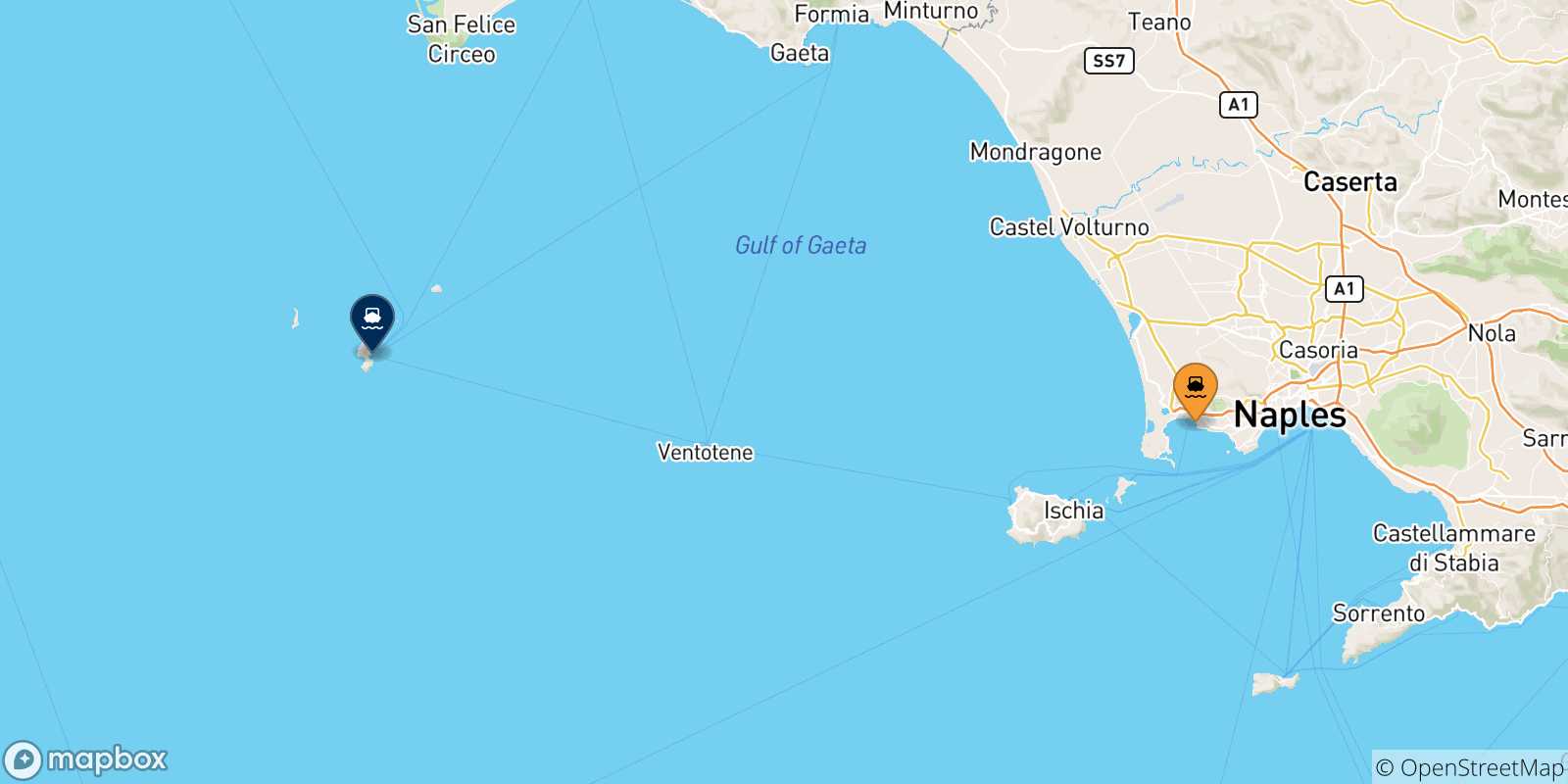 Carte des traversées possibles entre le Golf De Naples et Ponza