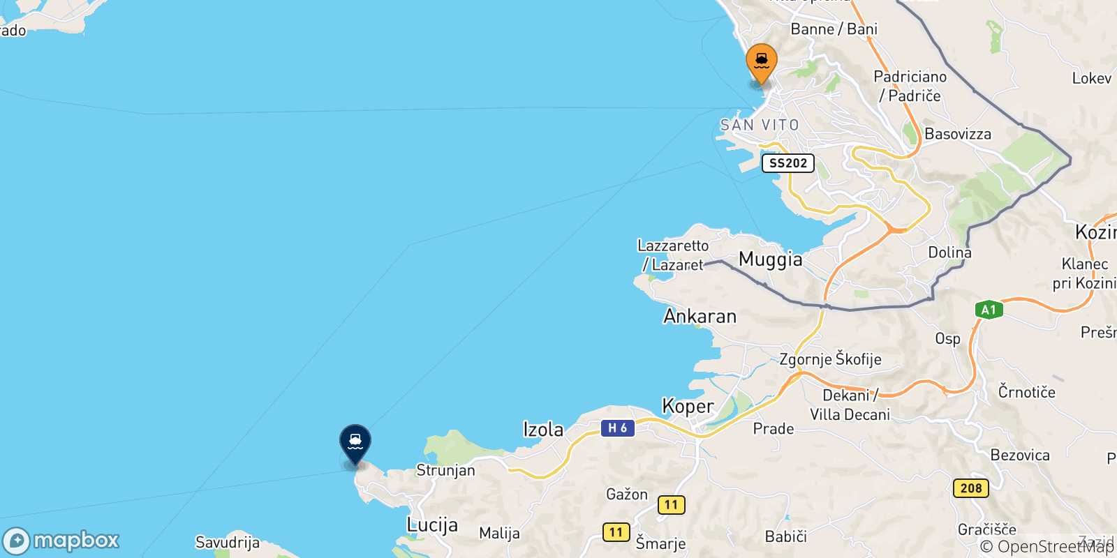 Carte des traversées possibles entre Trieste et Slovenie