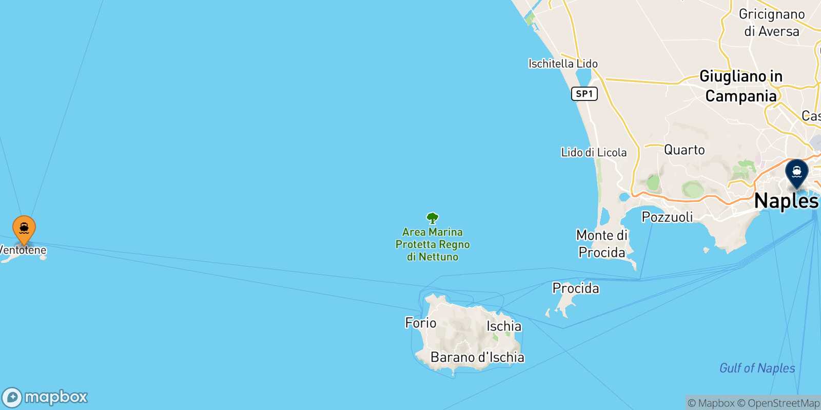 Carte des traverséesVentotene Naples Beverello