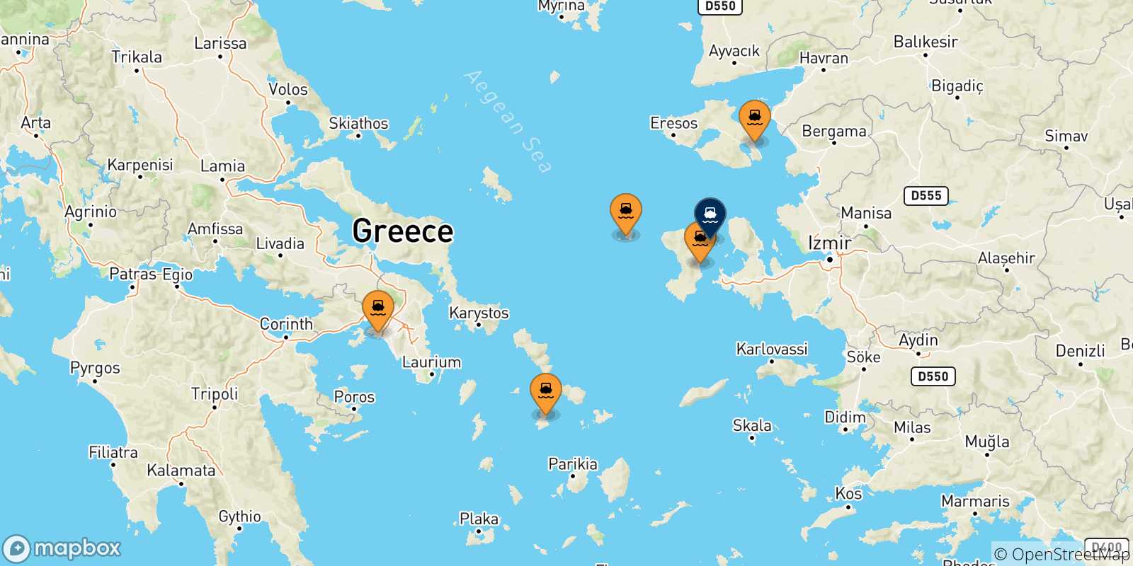 Carte des traversées possibles entre la Grèce et Inousses