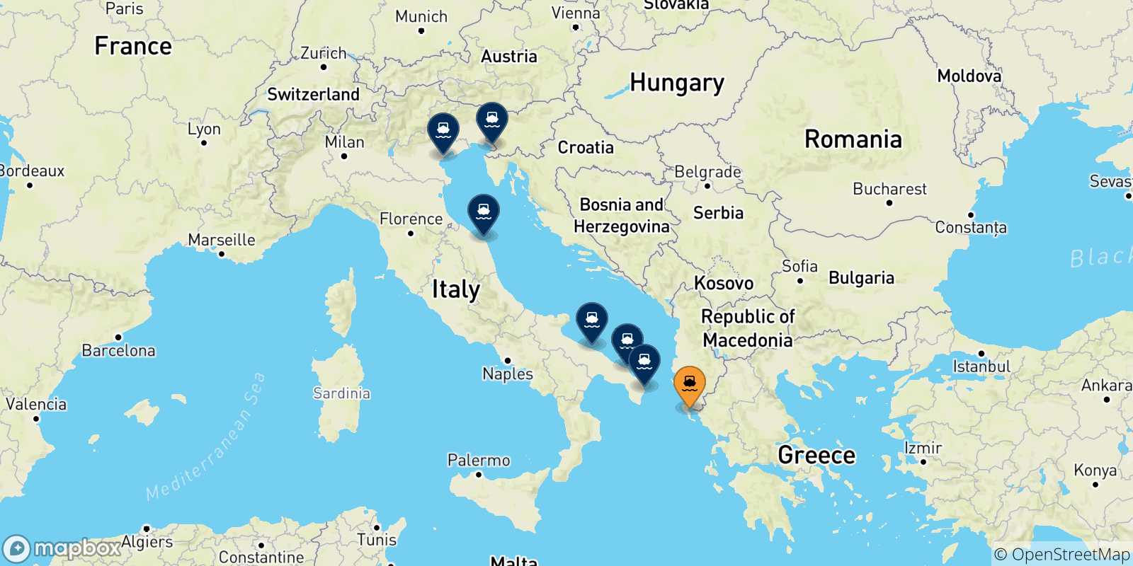 Carte des traversées possibles entre Corfou et l'Italie
