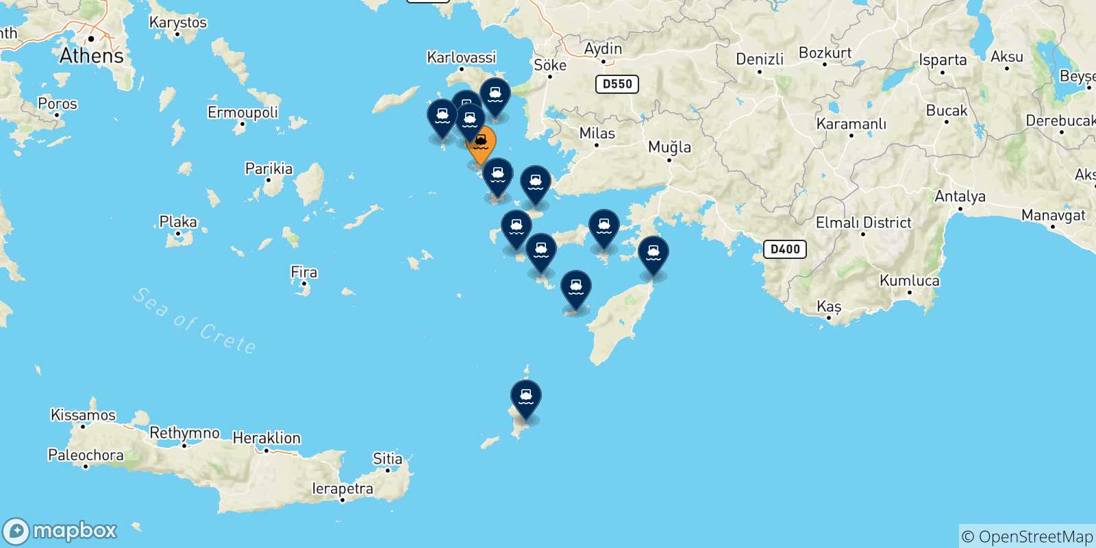 Carte des traversées possibles entre Leros et Îles Du Dodécanèse