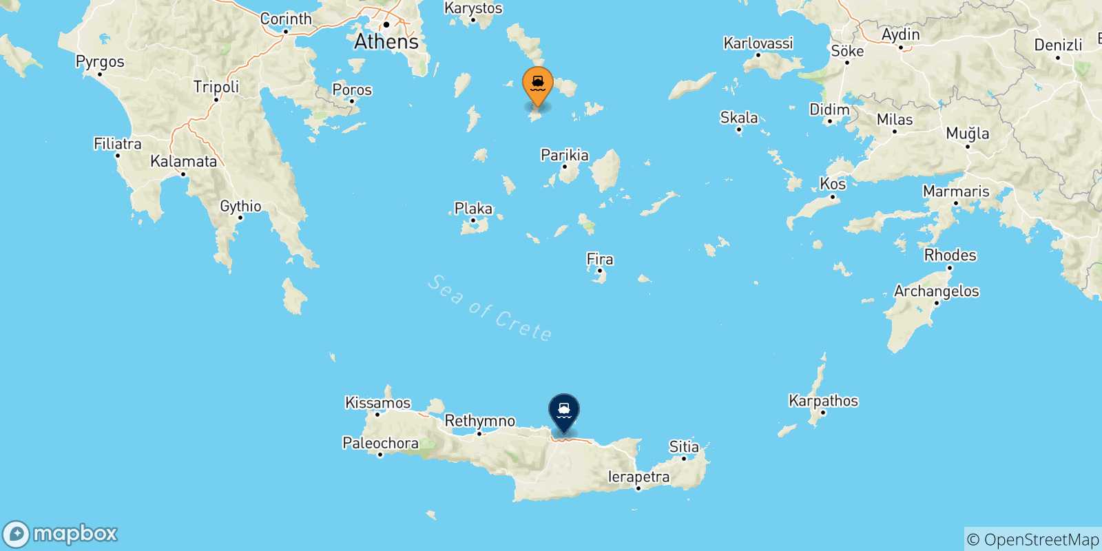 Carte des traversées possibles entre Syros et la Crète