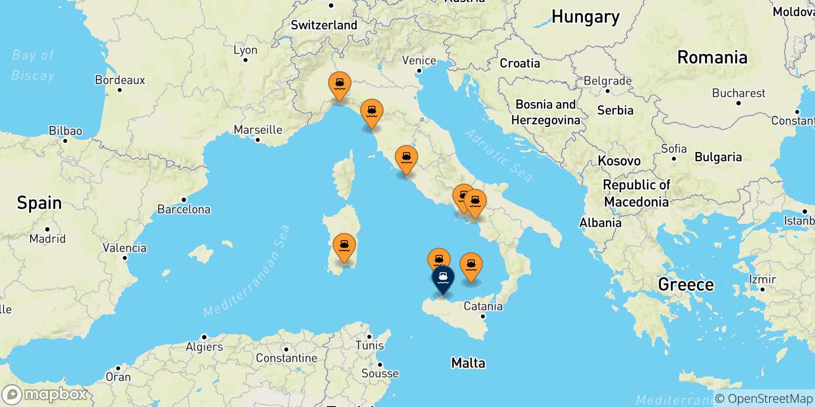 Carte des traversées possibles entre l'Italie et Palerme