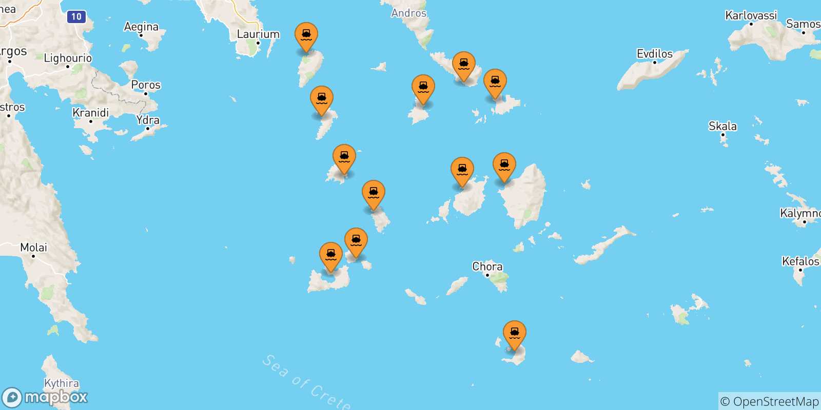 Carte des traversées possibles entre Îles Des Cyclades et Andros