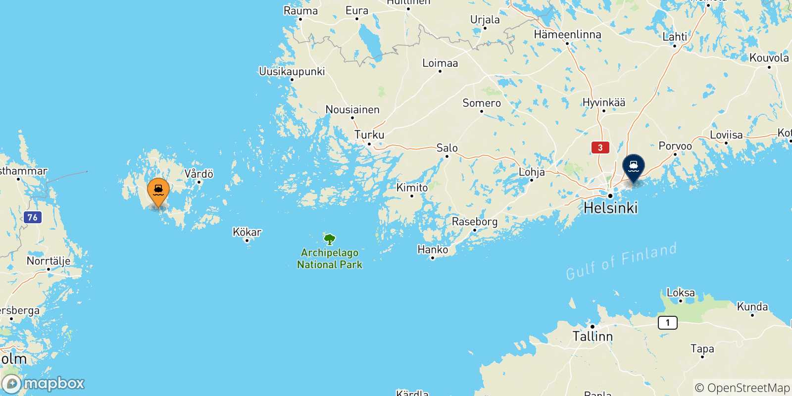 Carte des traversées possibles entre les Îles Aland et Helsinki