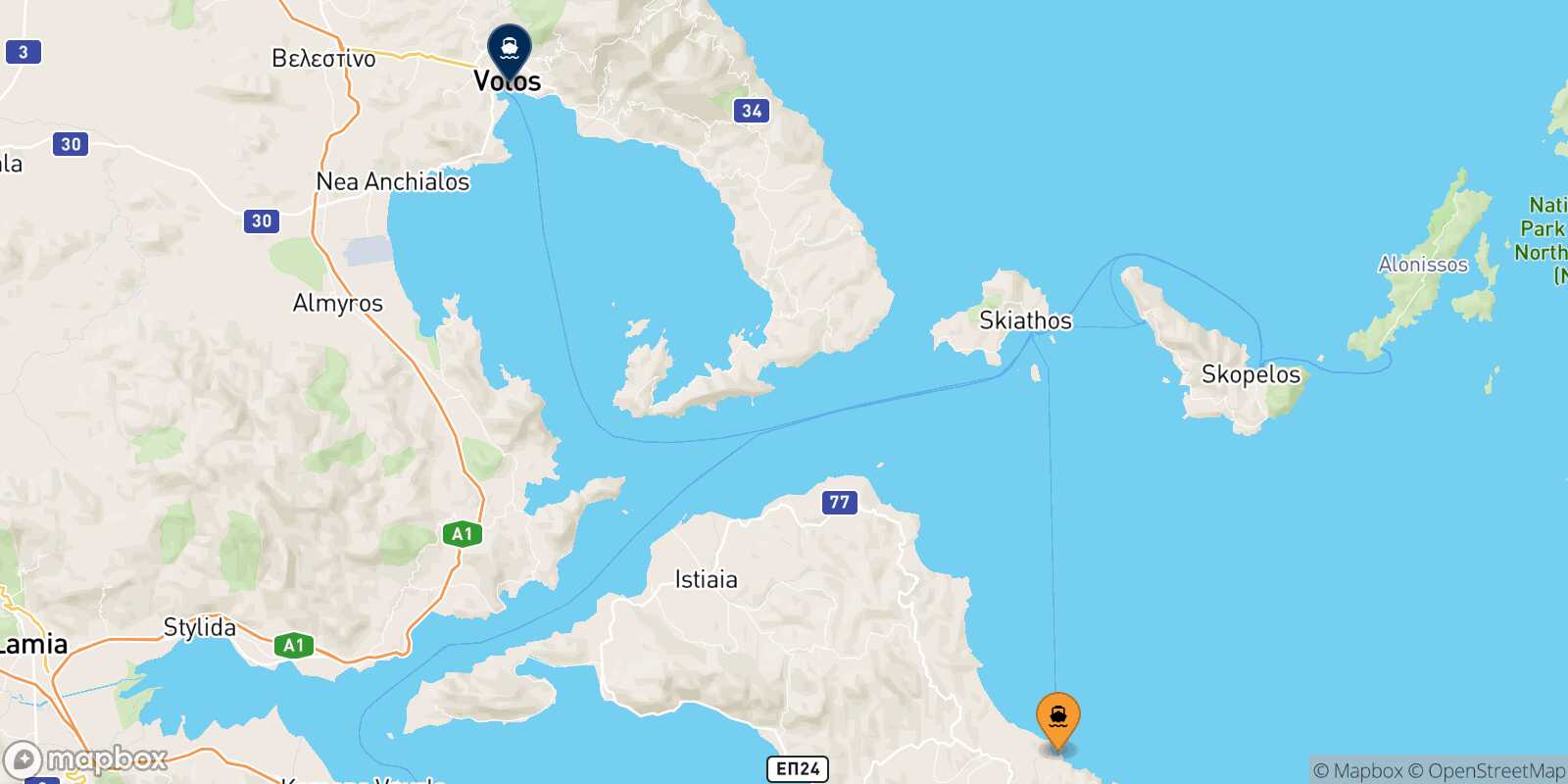 Carte des traverséesMantoudi (Evia) Volos