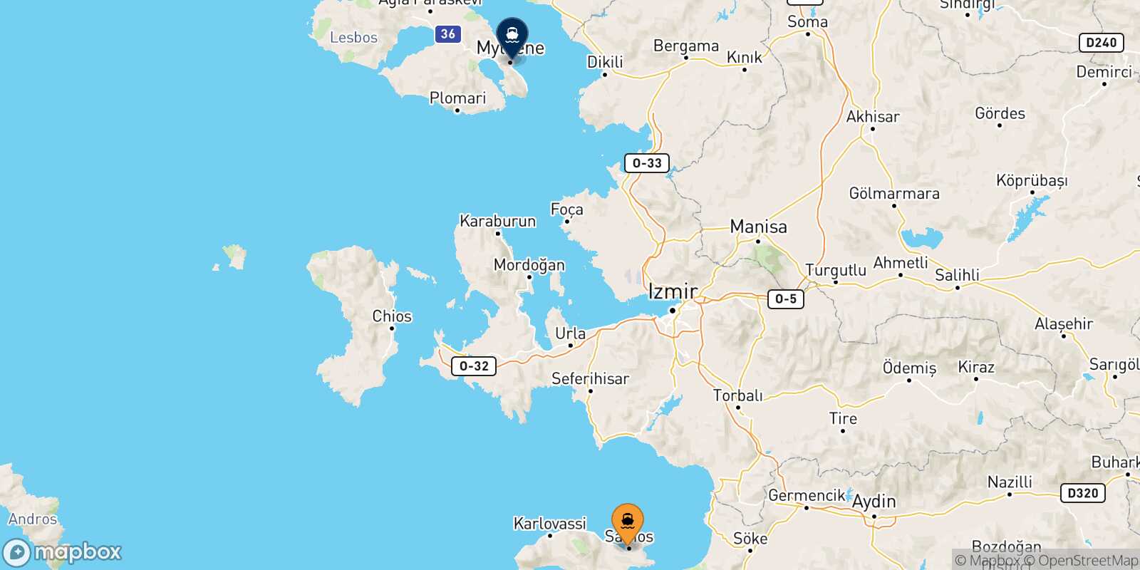 Carte des traverséesVathi (Samos) Mytilene (Lesvos)