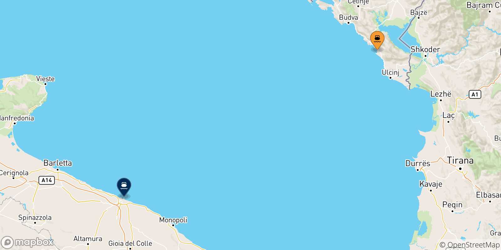 Carte des traversées possibles entre Bar et l'Italie