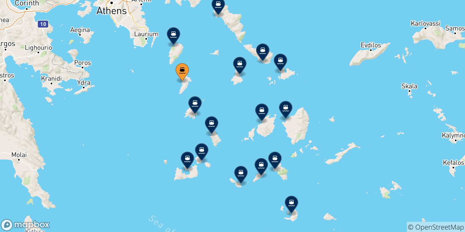 Carte des traversées possibles entre Kythnos et Îles Des Cyclades