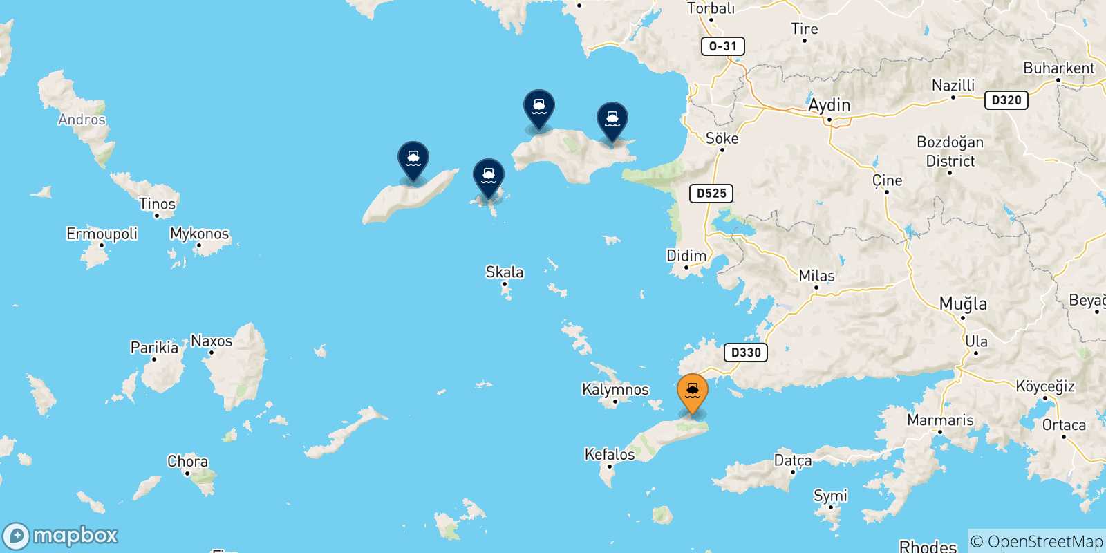 Carte des traversées possibles entre Kos et les Îles Égéennes