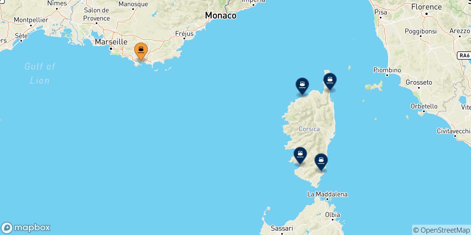 Carte des traversées possibles entre Toulon et la France