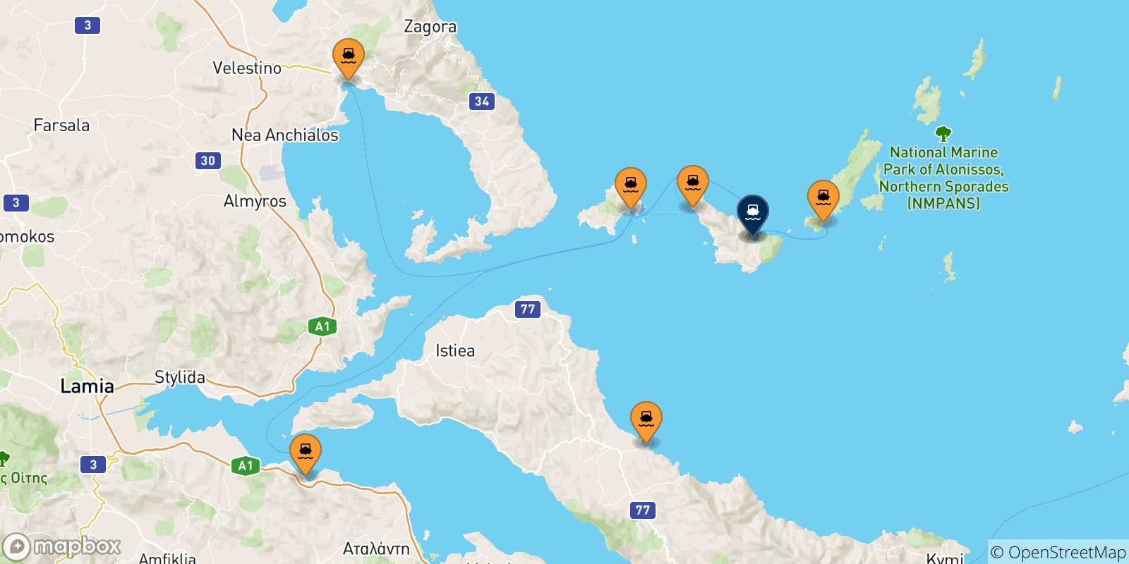 Carte des traversées possibles entre la Grèce et Glossa (Skopelos)