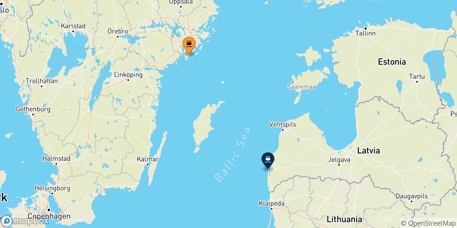 Carte des traversées possibles entre la Suède et Liepaja