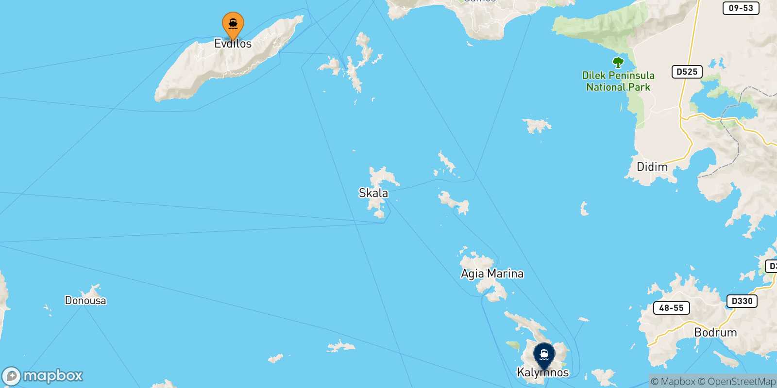 Carte des traverséesEvdilos (Ikaria) Kalymnos