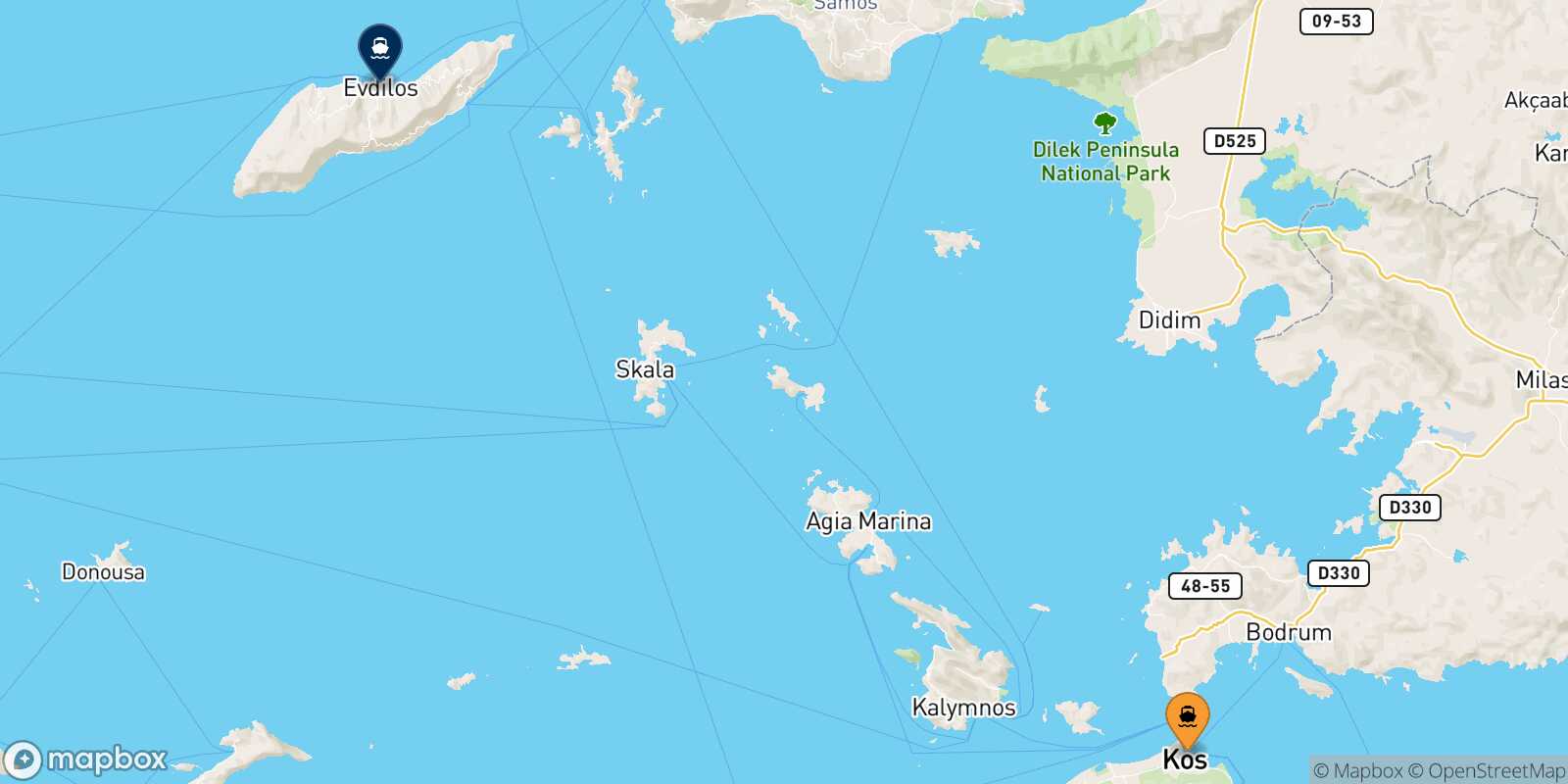 Carte des traverséesKos Agios Kirikos (Ikaria)