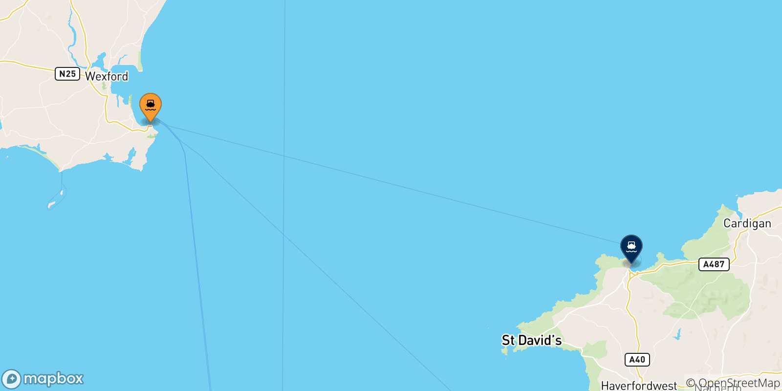 Carte des traversées possibles entre Irlande et Fishguard