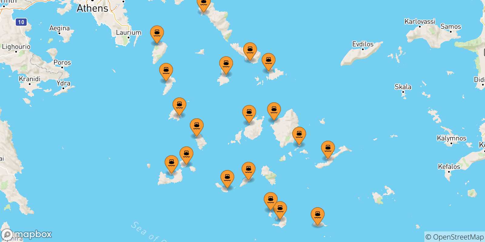 Carte des traversées possibles entre Îles Des Cyclades et Ios