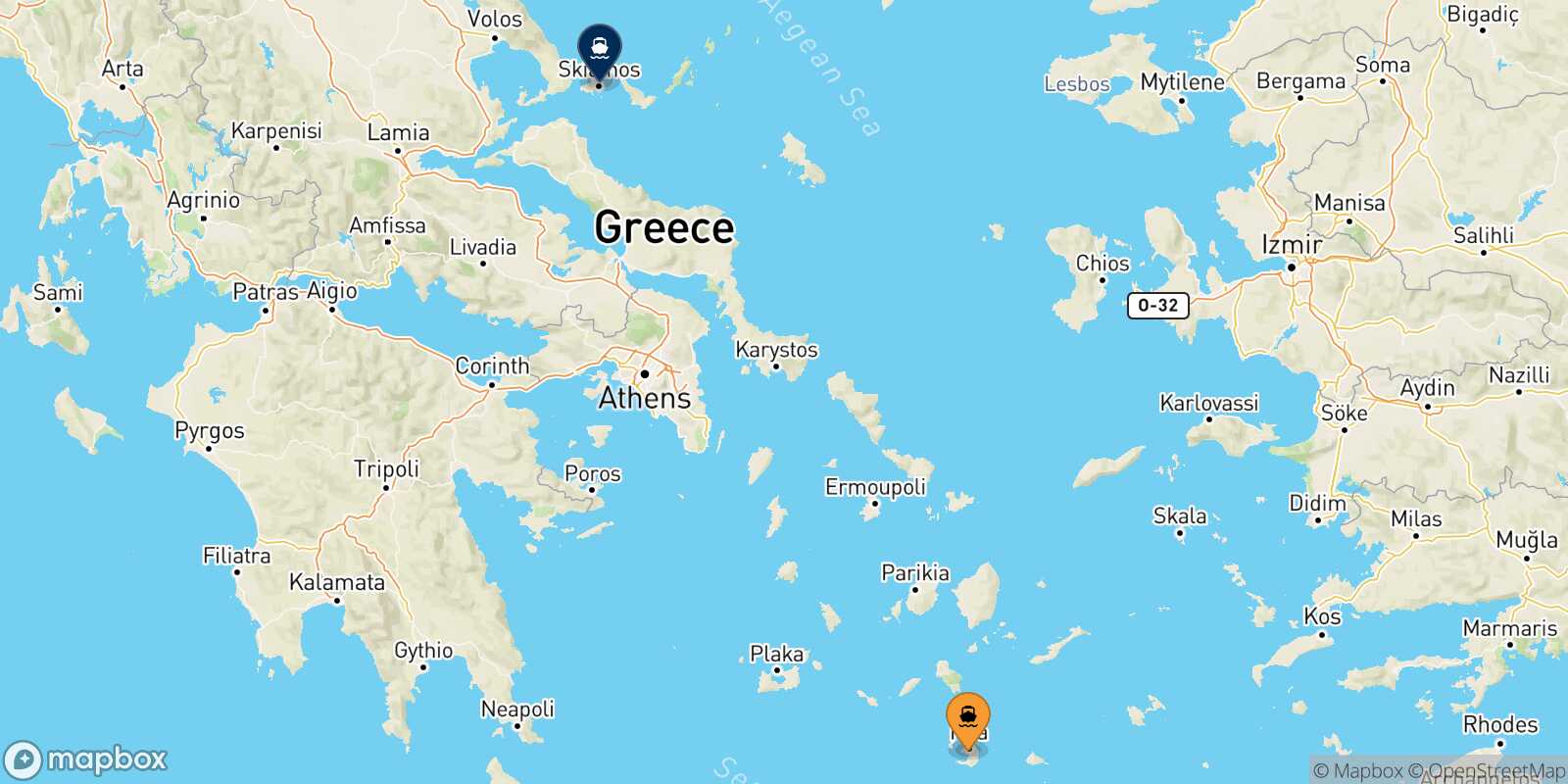 Carte des traverséesThera (Santorin) Skiathos