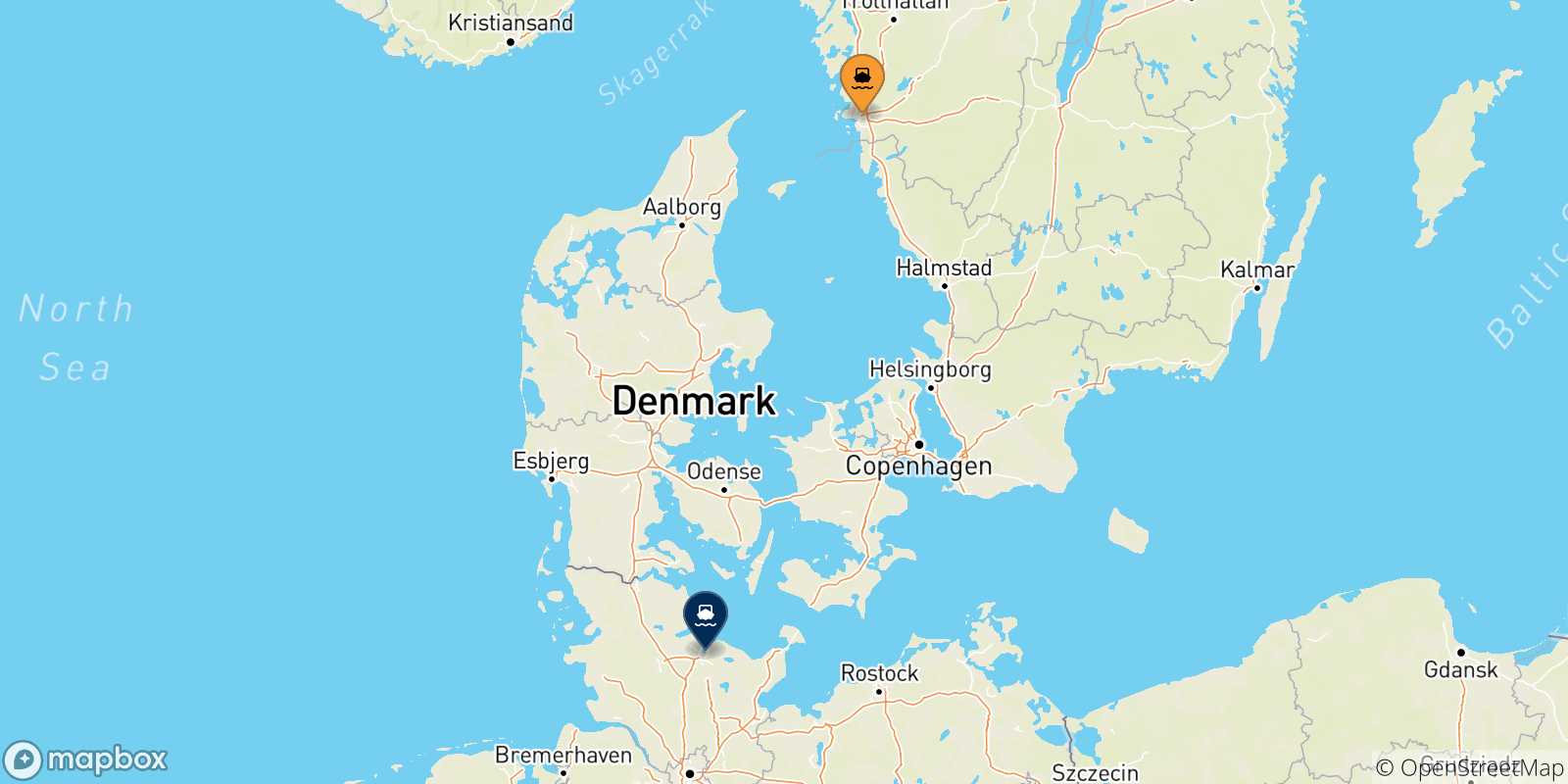 Carte des traversées possibles entre la Suède et Kiel
