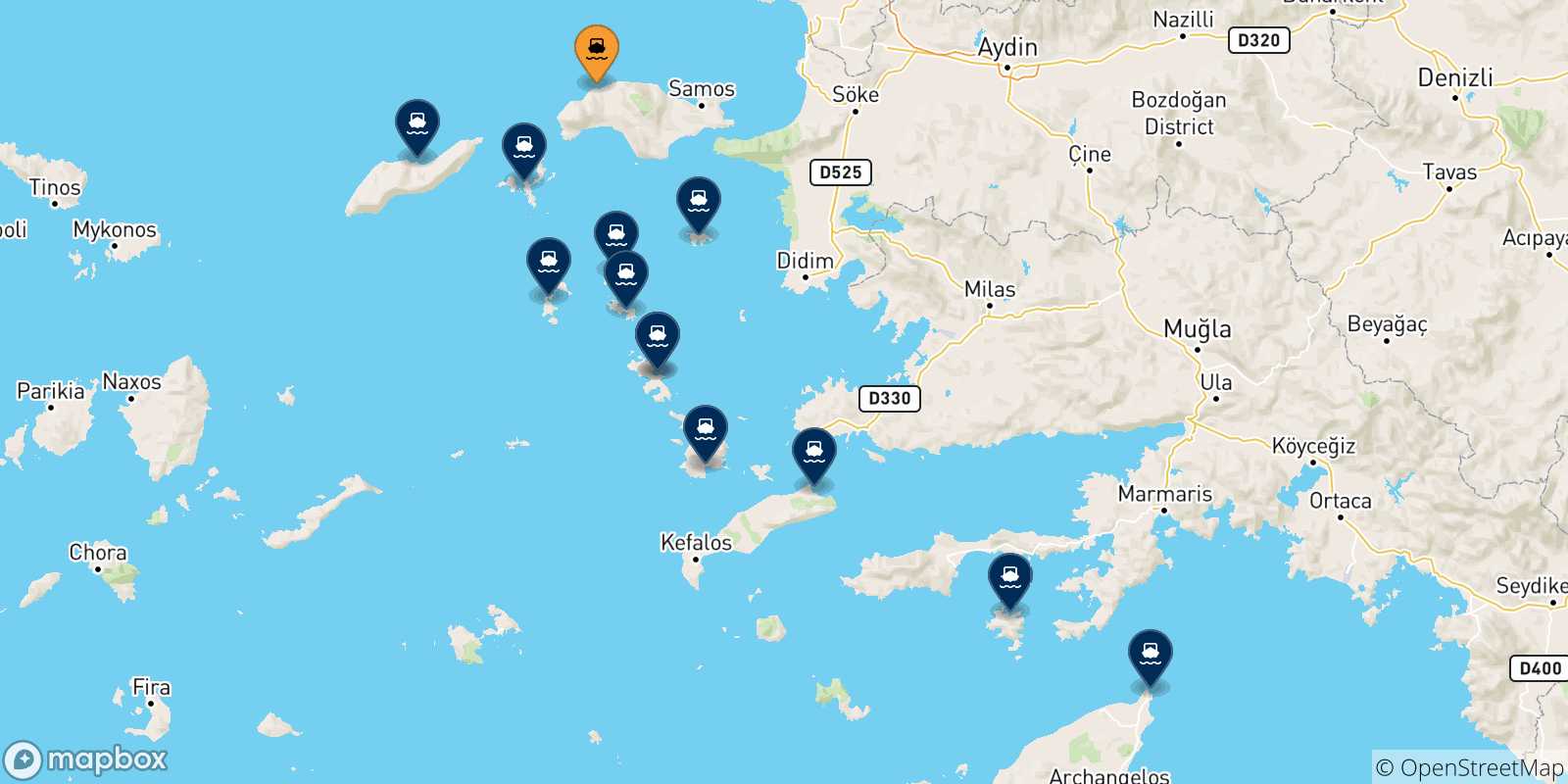 Carte des traversées possibles entre Pythagorio (Samos) et la Grèce