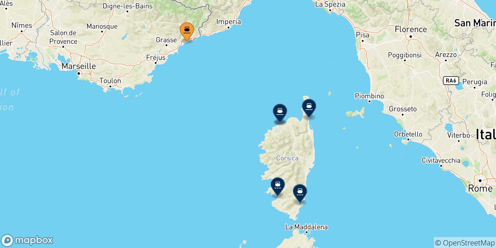 Carte des traversées possibles entre Nice et la Corse