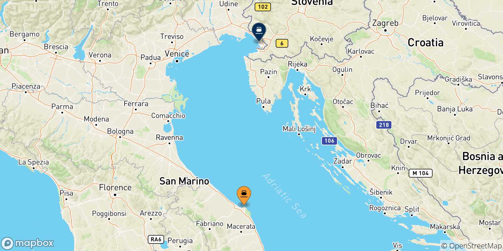 Carte des traversées possibles entre l'Italie et Trieste