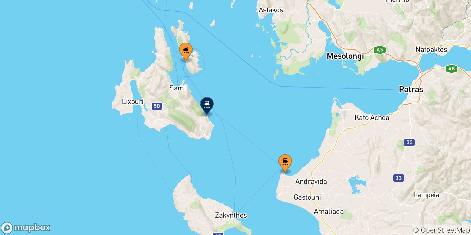 Carte des traversées possibles entre la Grèce et Poros (Céphalonie)