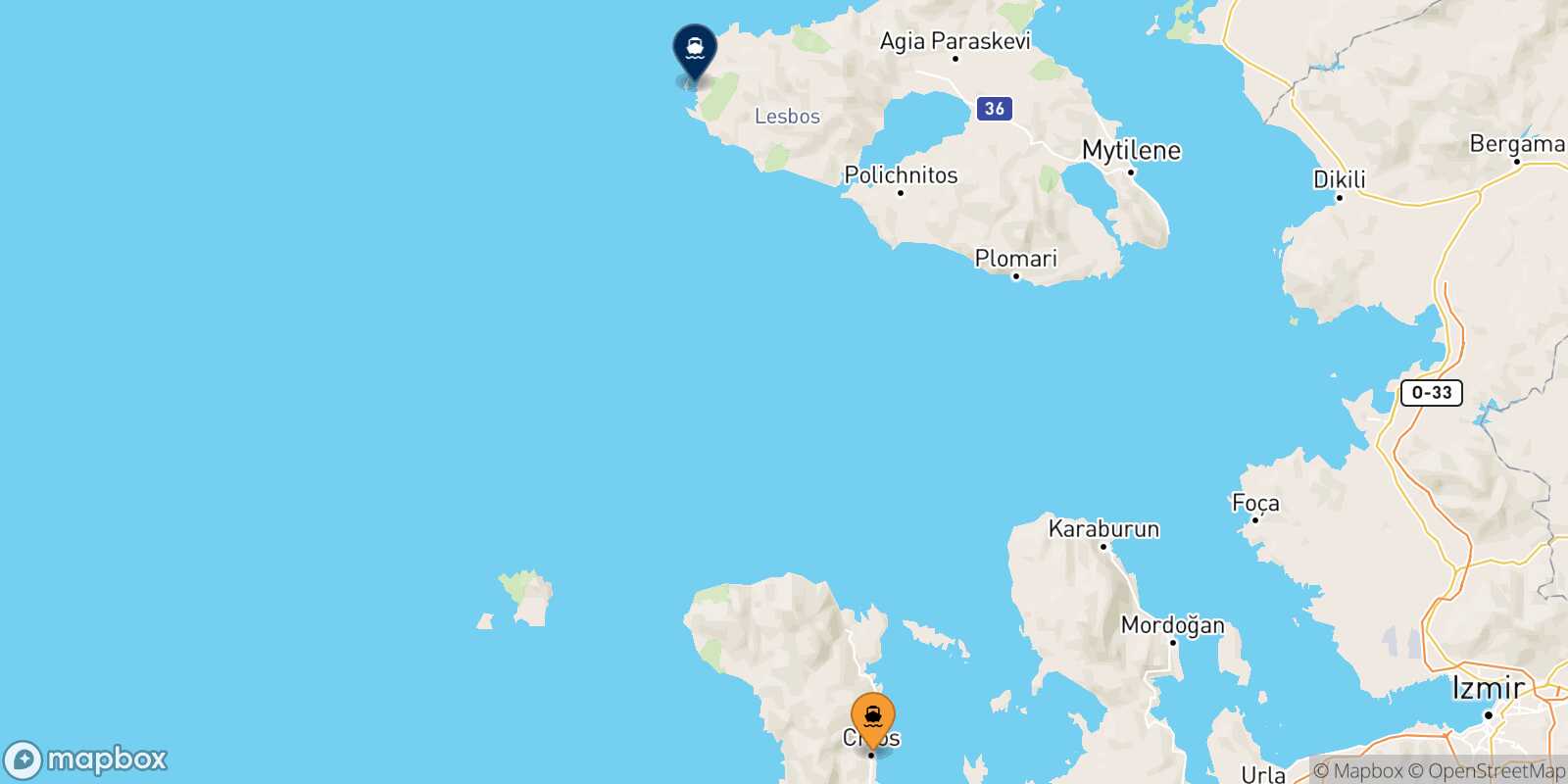 Carte des traverséesMesta Chios Sigri (Lesvos)
