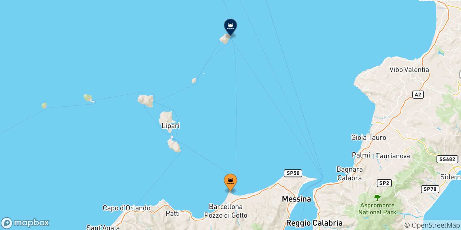 Carte des traversées possibles entre la Sicile et Stromboli