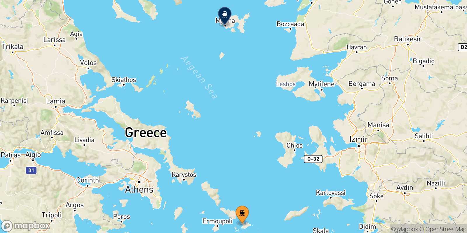 Carte des traverséesMykonos Myrina (Limnos)