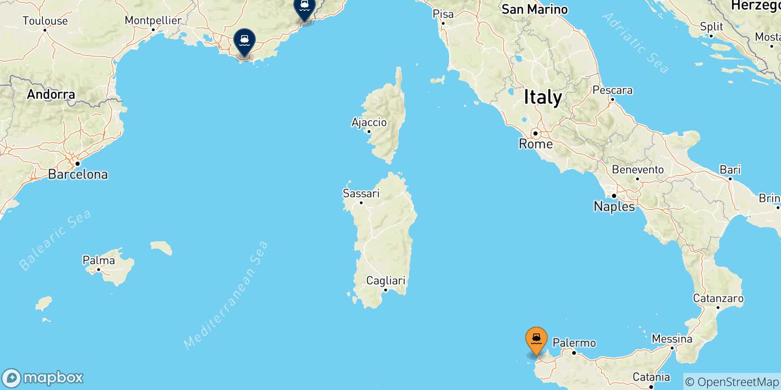 Carte des traversées possibles entre la Sicile et la France