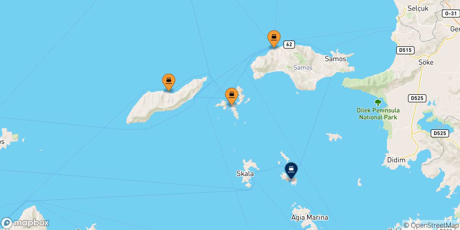 Carte des traversées possibles entre les Îles Égéennes et Lipsi
