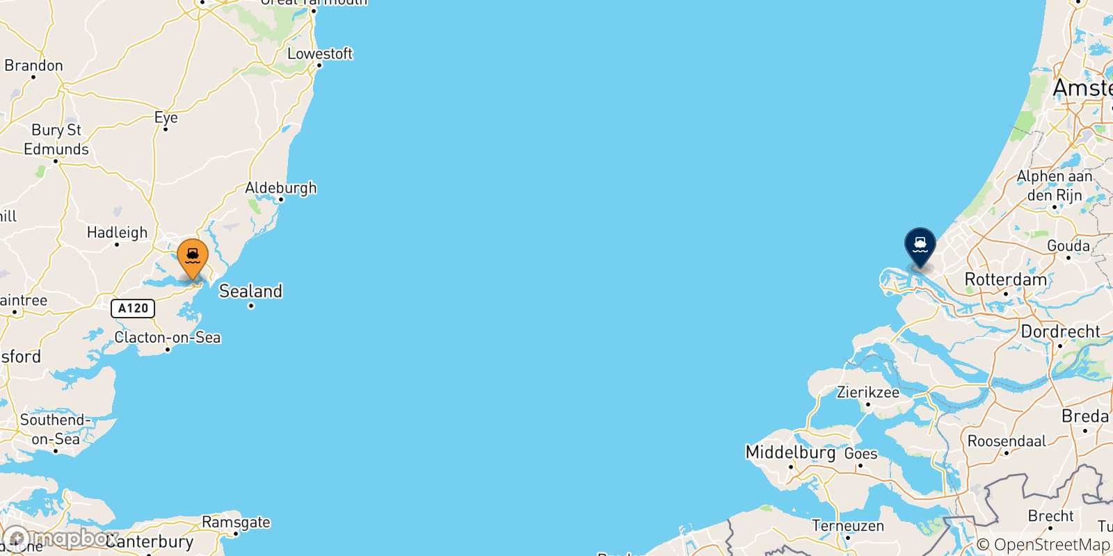 Carte des traversées possibles entre l'Angleterre et Hoek Van Holland