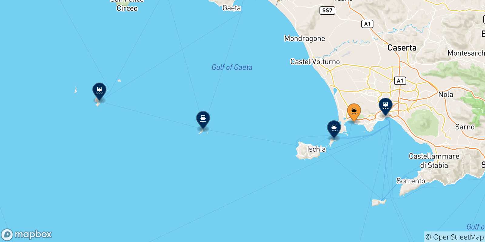 Carte des traversées possibles entre Casamicciola (Ischia) et l'Italie