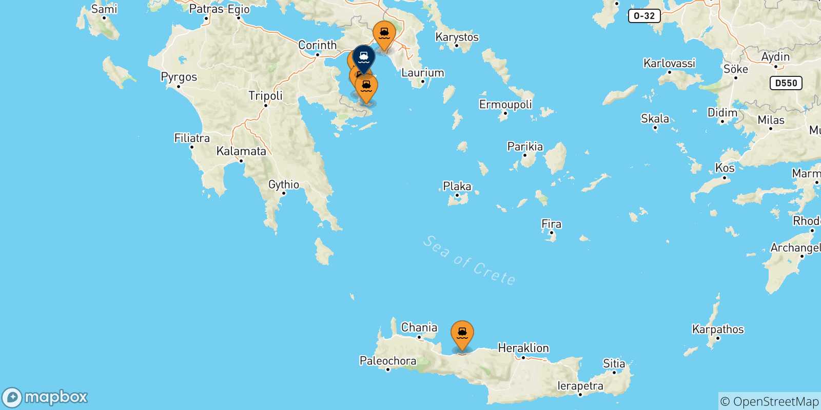 Carte des traversées possibles entre la Grèce et Égine