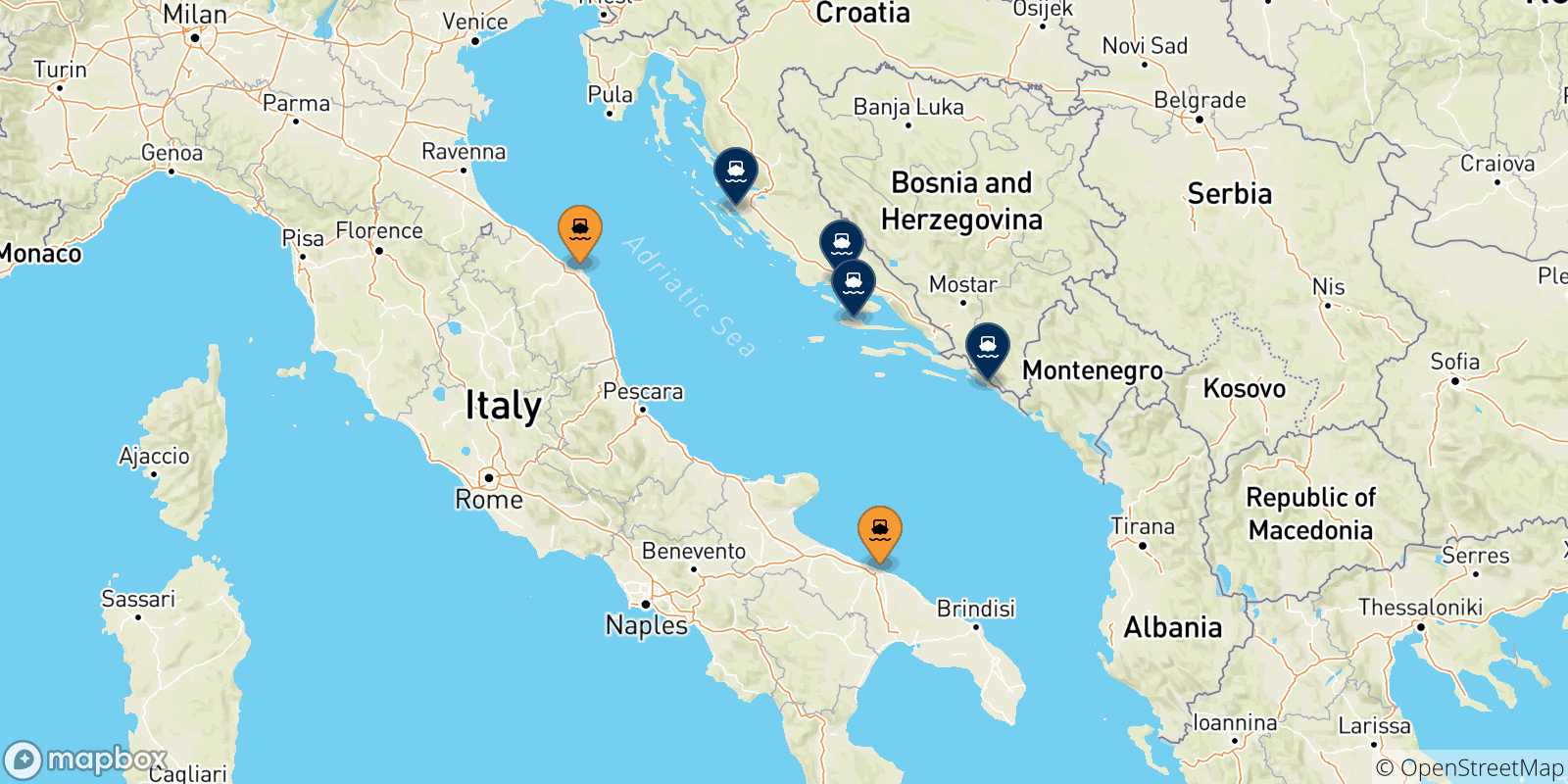Carte des traversées possibles entre l'Italie et la Croatie