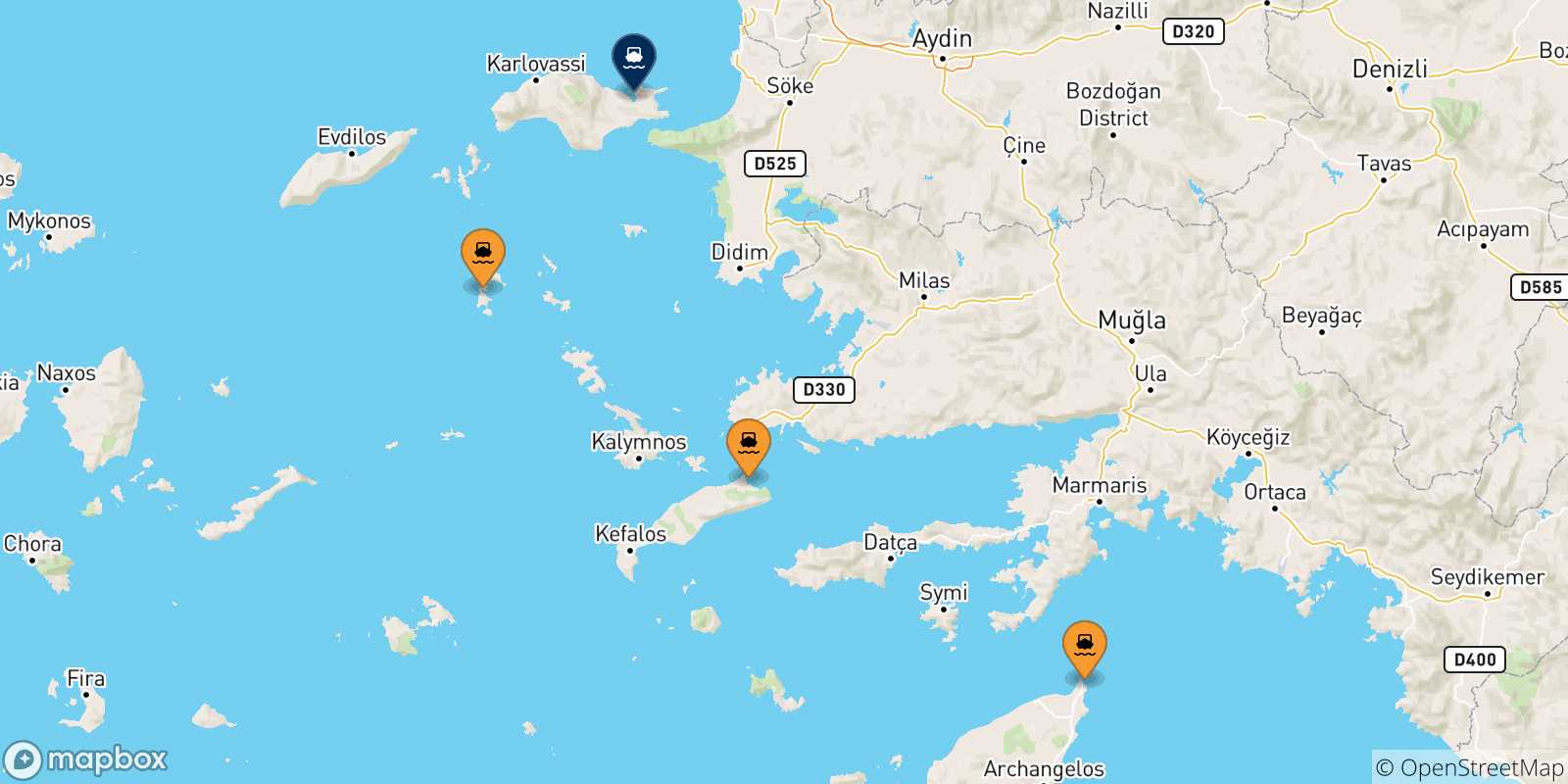 Carte des traversées possibles entre Îles Du Dodécanèse et Vathi (Samos)