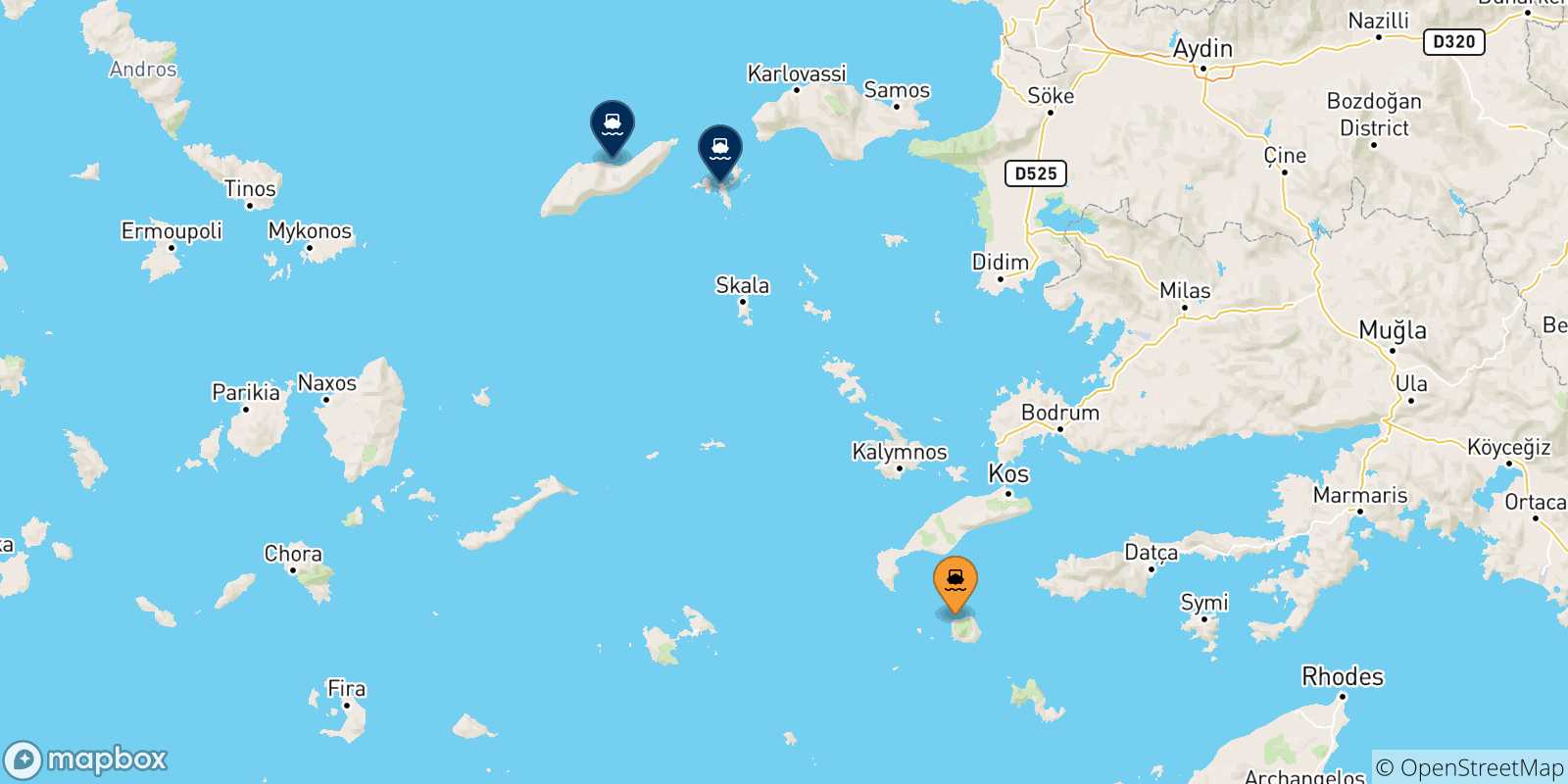 Carte des traversées possibles entre Nisyros et les Îles Égéennes